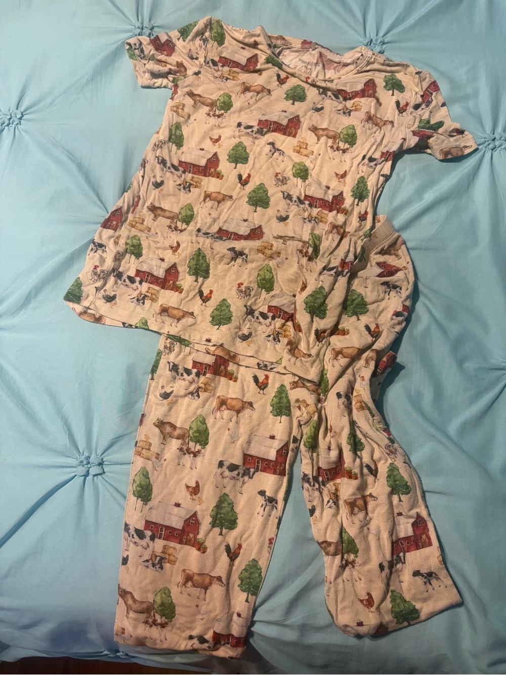 Kids Farm Animal Pajama Set - Cream with Green and Red Print